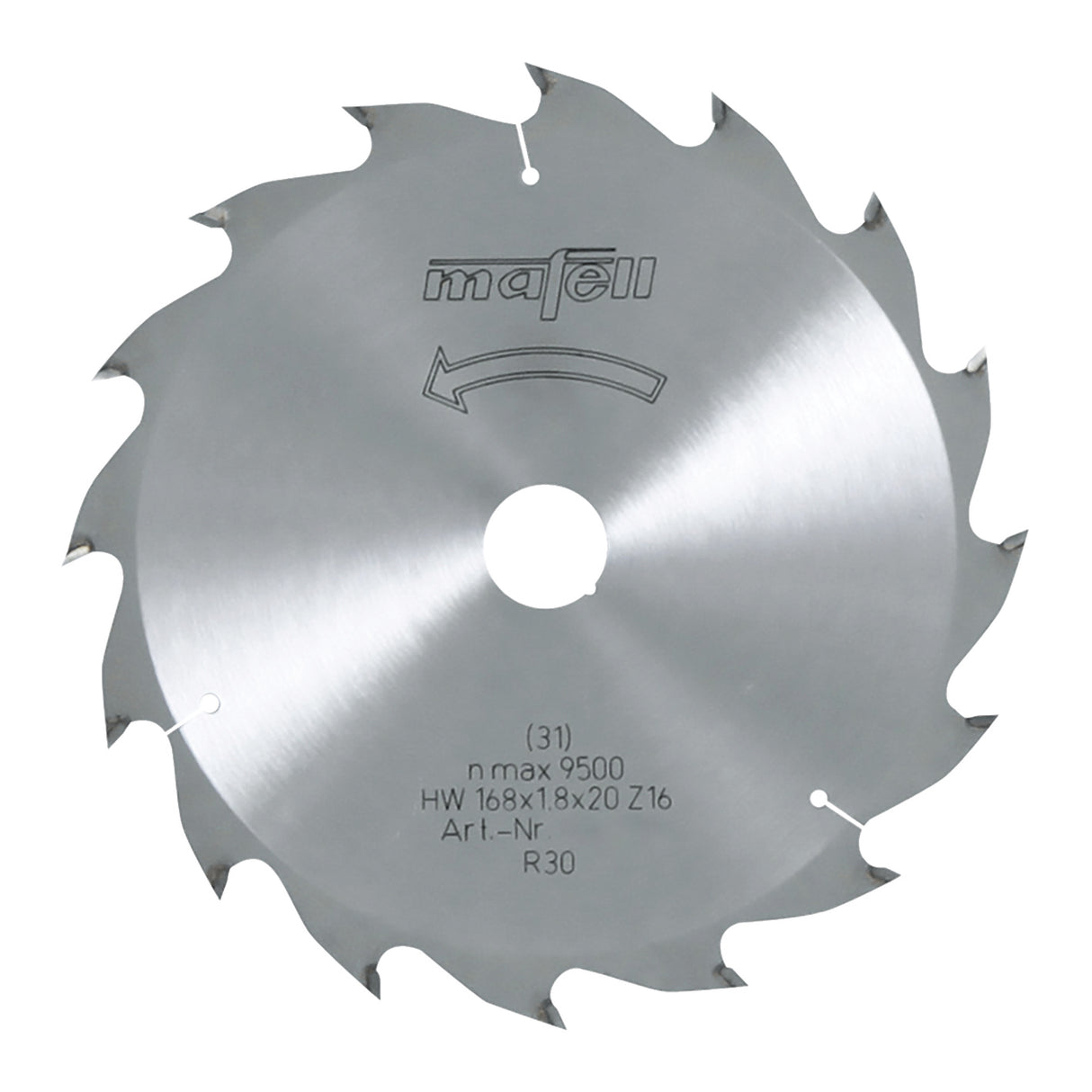 Mafell Sägeblatt-HM, 168 x 1,2/1,8 x 20 mm, Z 16, WZ, für Längsschnitte in Holz - 092476